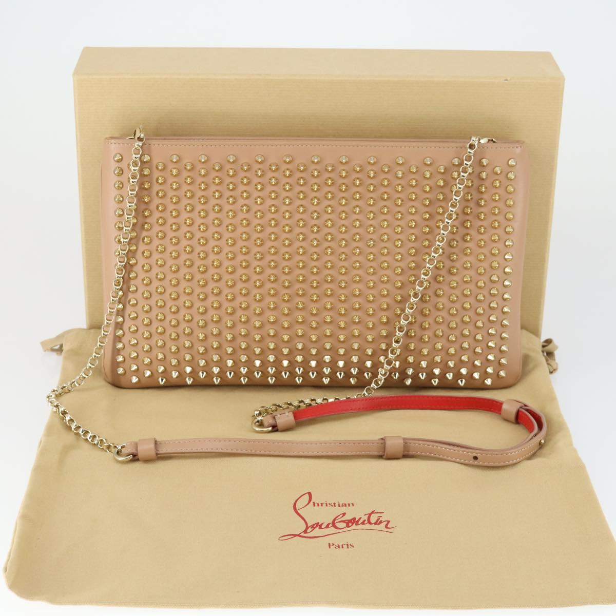 Christian Louboutin Chain Shoulder Bag Leather Beige Gold Auth SW2107V