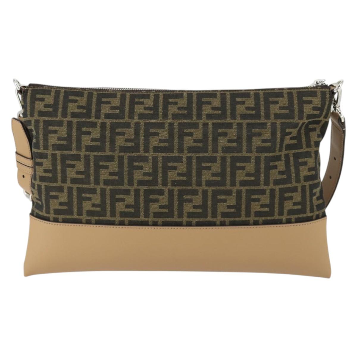 FENDI Zucca Canvas Shoulder Bag Black Brown Silver Auth SW2121SAM