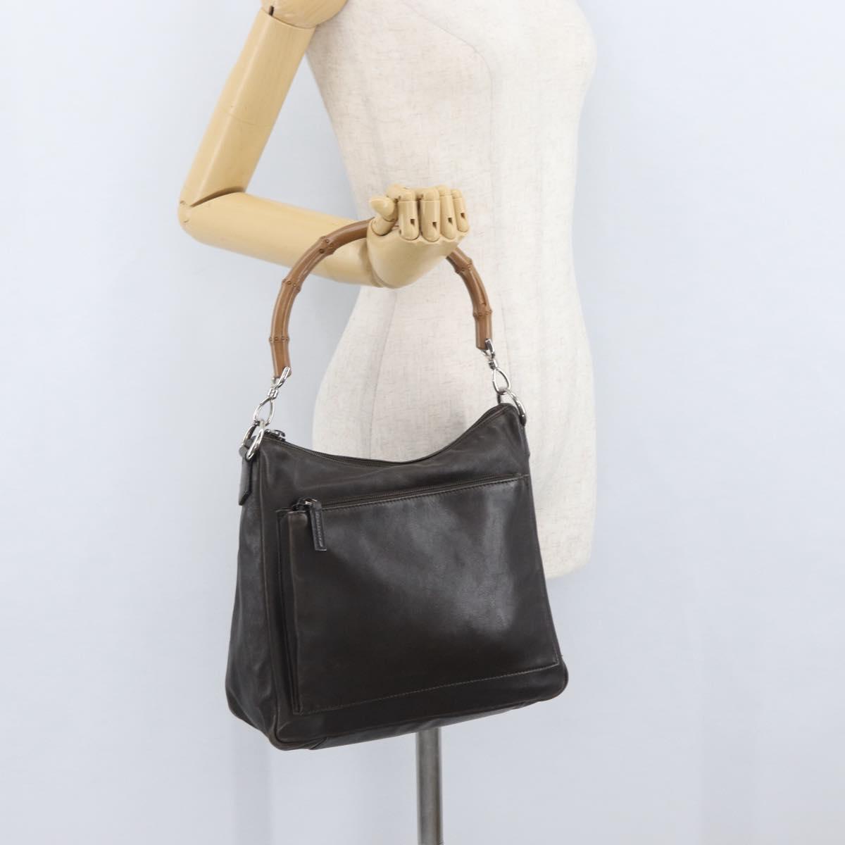 GUCCI Bamboo Hand Bag Leather Brown Silver Auth SW2156