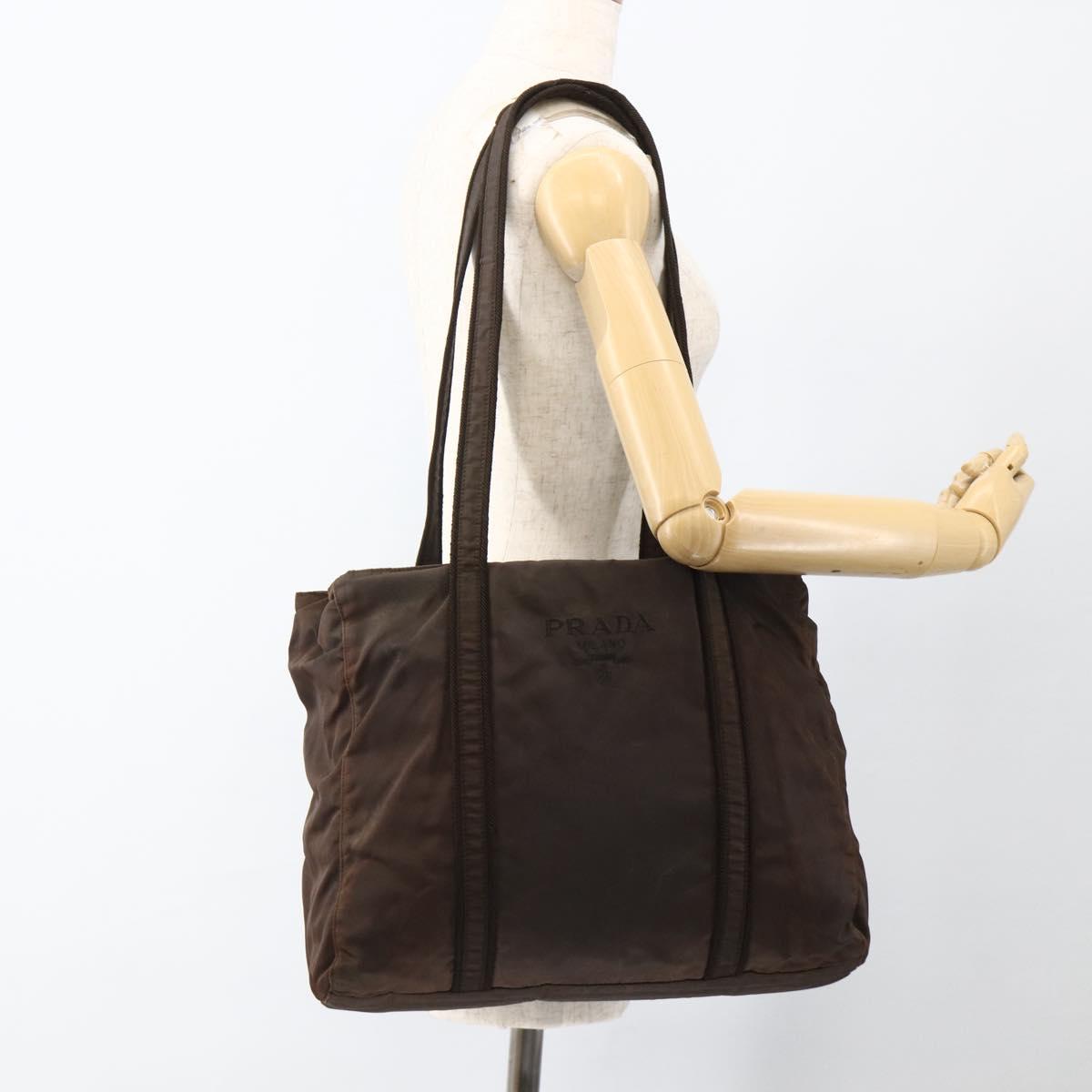 PRADA Tote Bag Nylon Brown Silver Auth SW2170