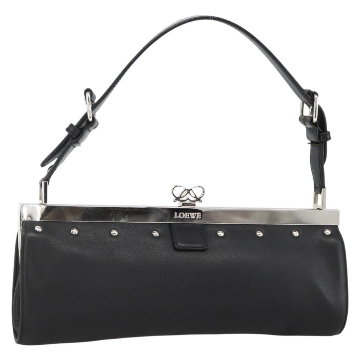 LOEWE Shoulder Bag Leather Silver Black Auth SW2182V