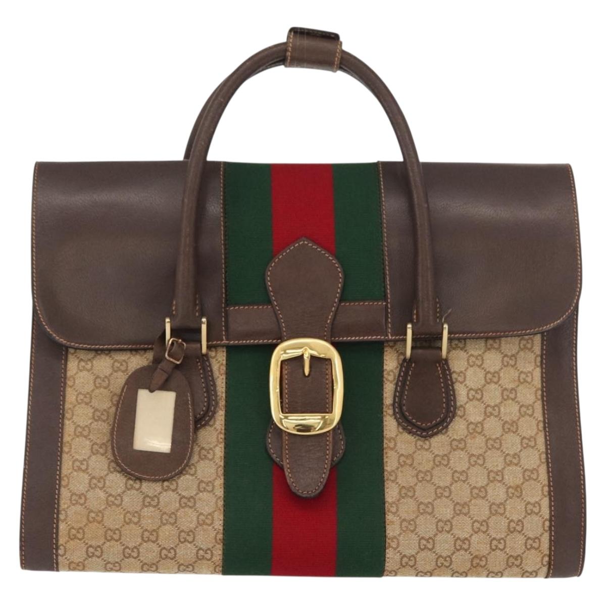 GUCCI GG Canvas Web Sherry Line Boston Bag Beige Gold Auth SW2185A
