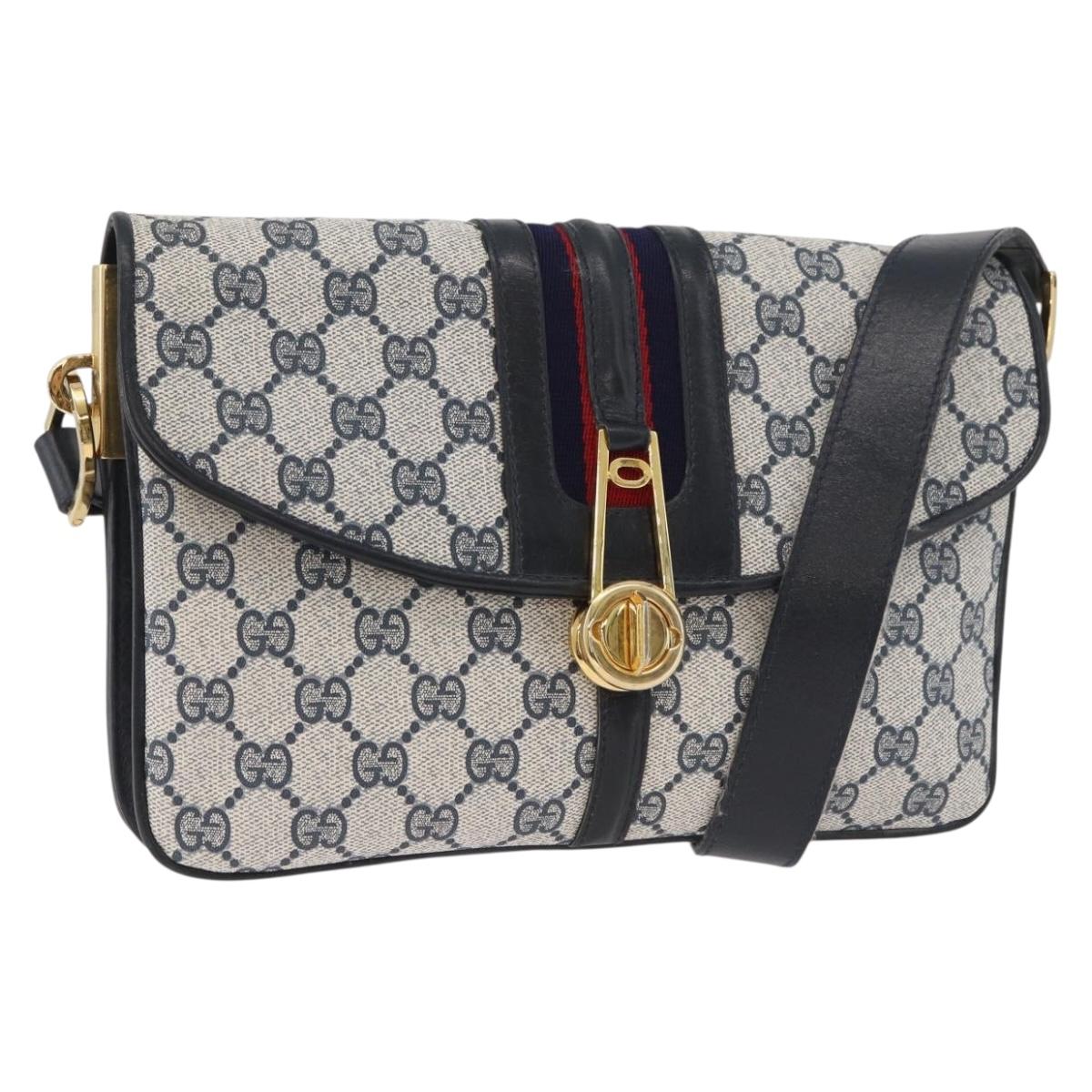 GUCCI GG Supreme Sherry Line Shoulder Bag PVC Navy Gold Red Auth SW2205A