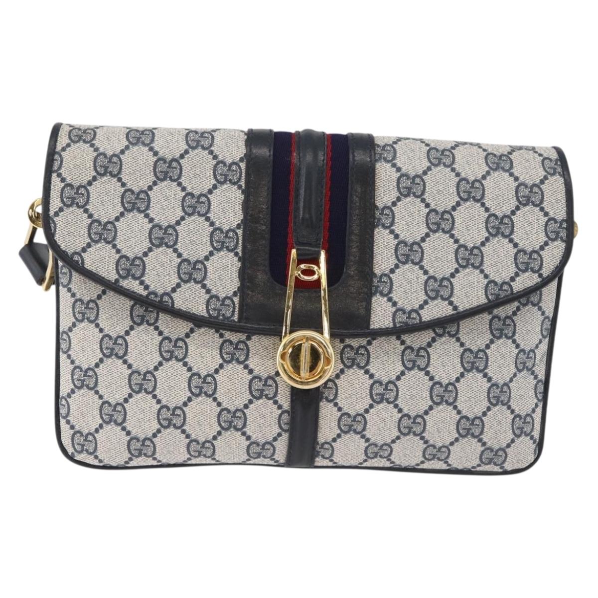 GUCCI GG Supreme Sherry Line Shoulder Bag PVC Navy Gold Red Auth SW2205A