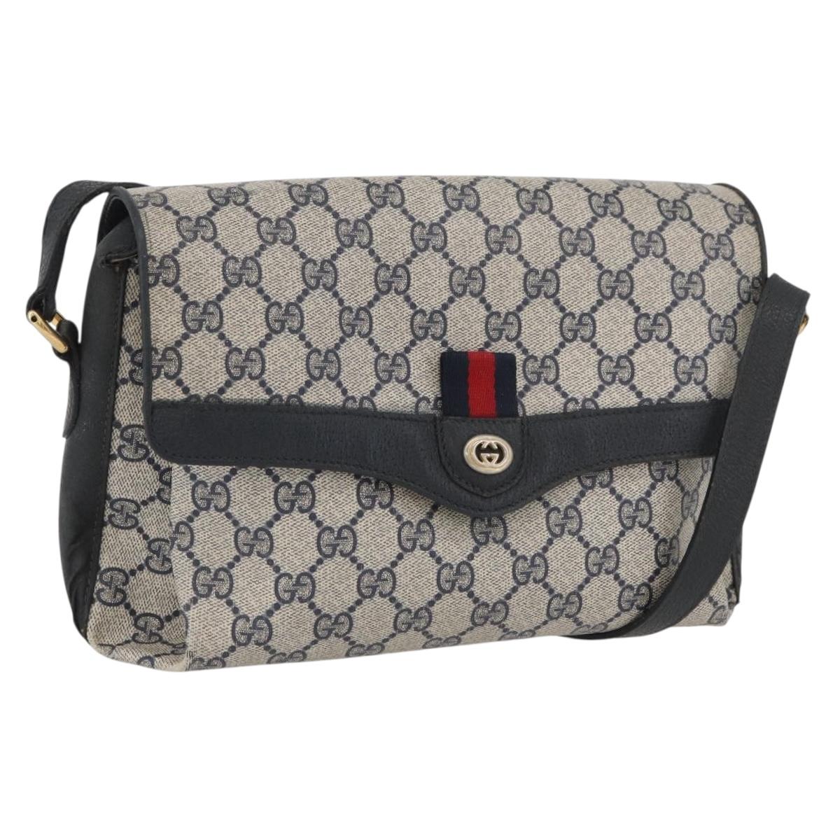 GUCCI GG Supreme Sherry Line Bag PVC Navy Gold Red 904 02 084 Auth SW2212