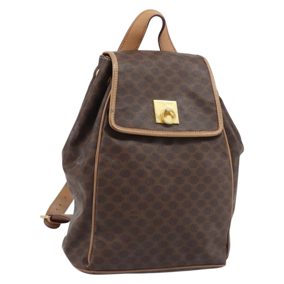 CELINE Macadam Canvas Backpack PVC Leather Brown Gold Auth SW2219