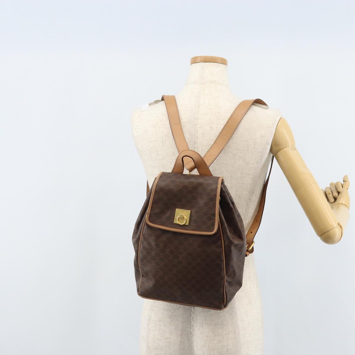 CELINE Macadam Canvas Backpack PVC Leather Brown Gold Auth SW2219