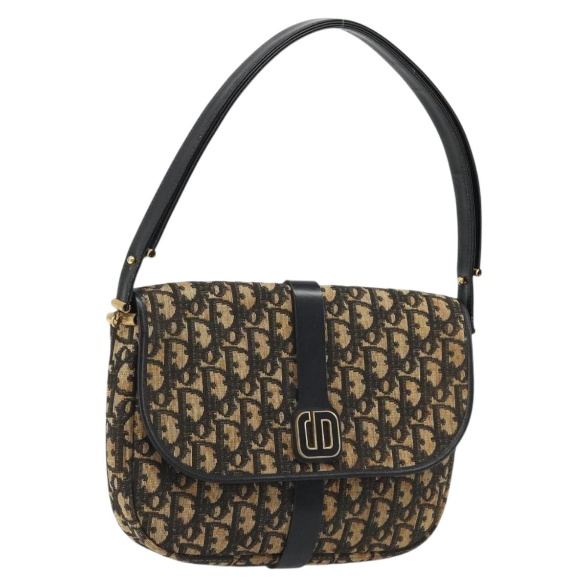 Christian Dior Trotter Canvas Shoulder Bag Navy Gold Auth SW2239