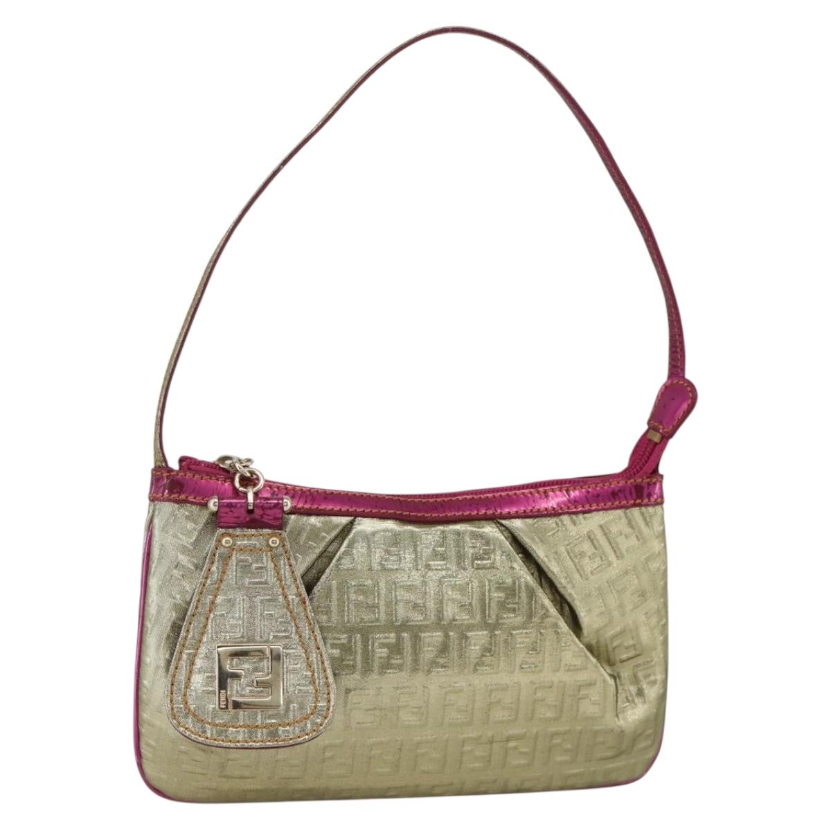 FENDI Zucchino Canvas Hand Bag Gold Auth SW2240A