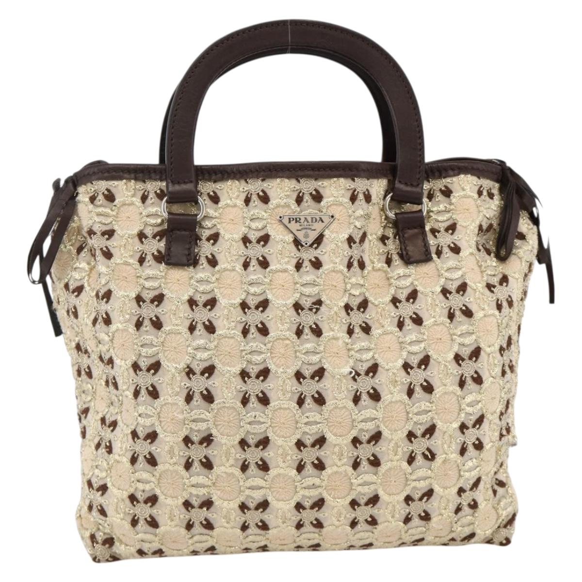 PRADA Hand Bag Cotton Beige Silver BN0701 Auth SW2266A
