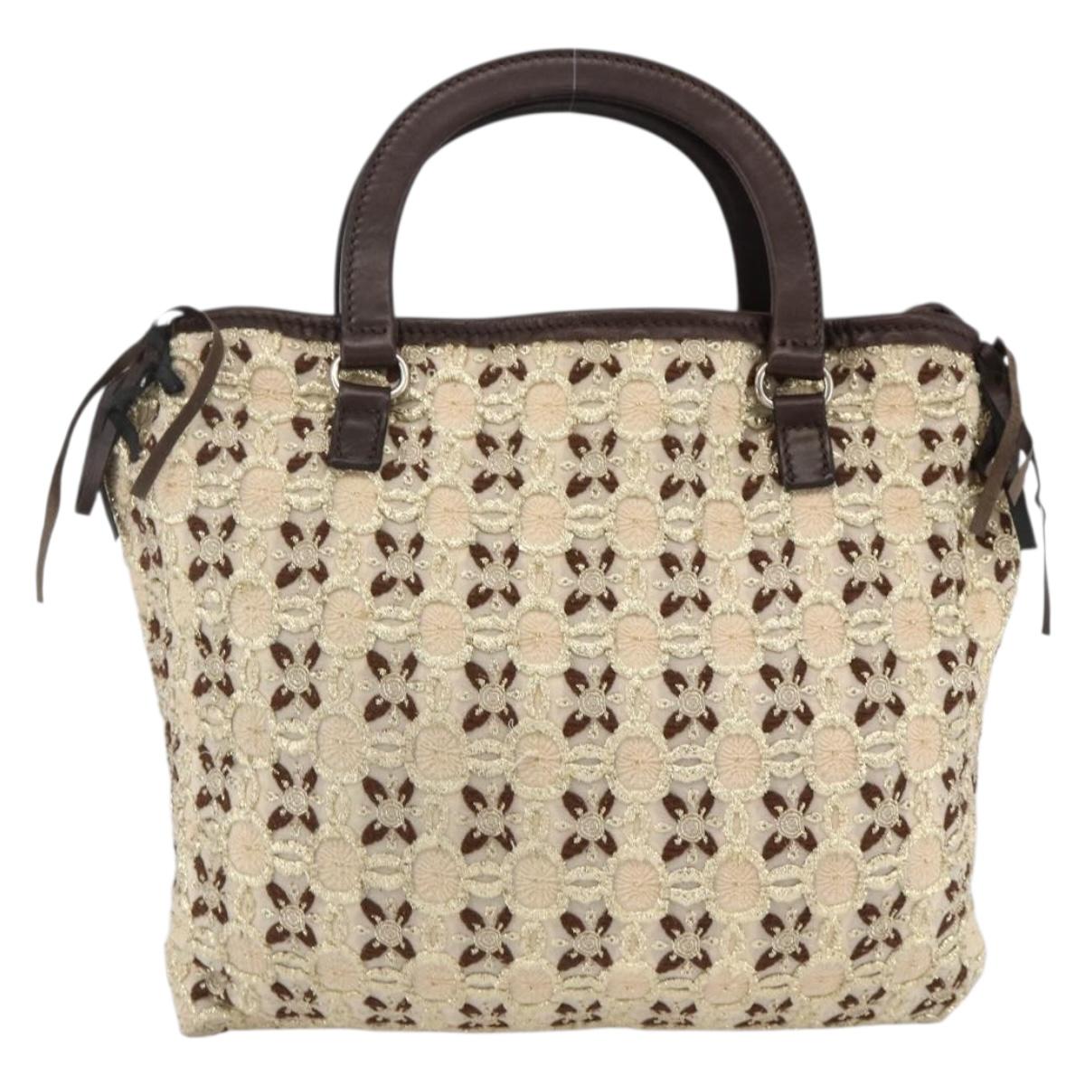 PRADA Hand Bag Cotton Beige Silver BN0701 Auth SW2266A