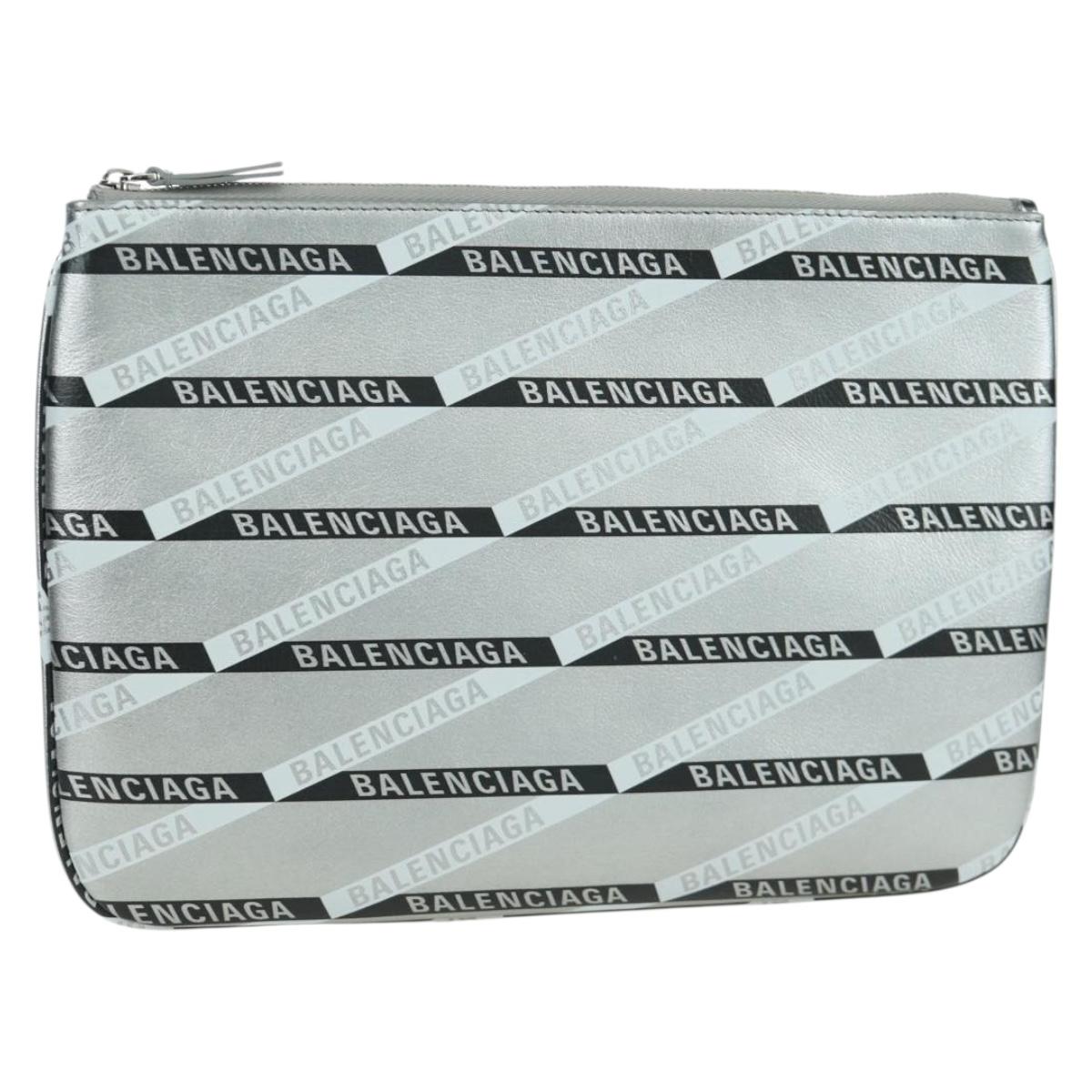 BALENCIAGA Clutch Bag Leather Silver Auth SW2267M