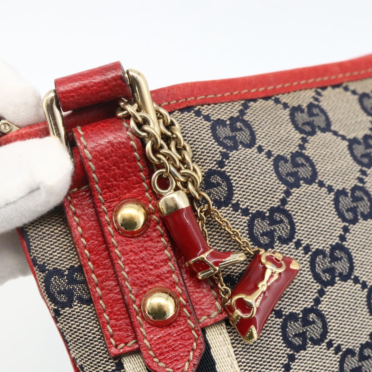 GUCCI GG Canvas Sherry Line Shoulder Bag Navy Gold Red 144388 Auth SW2281A