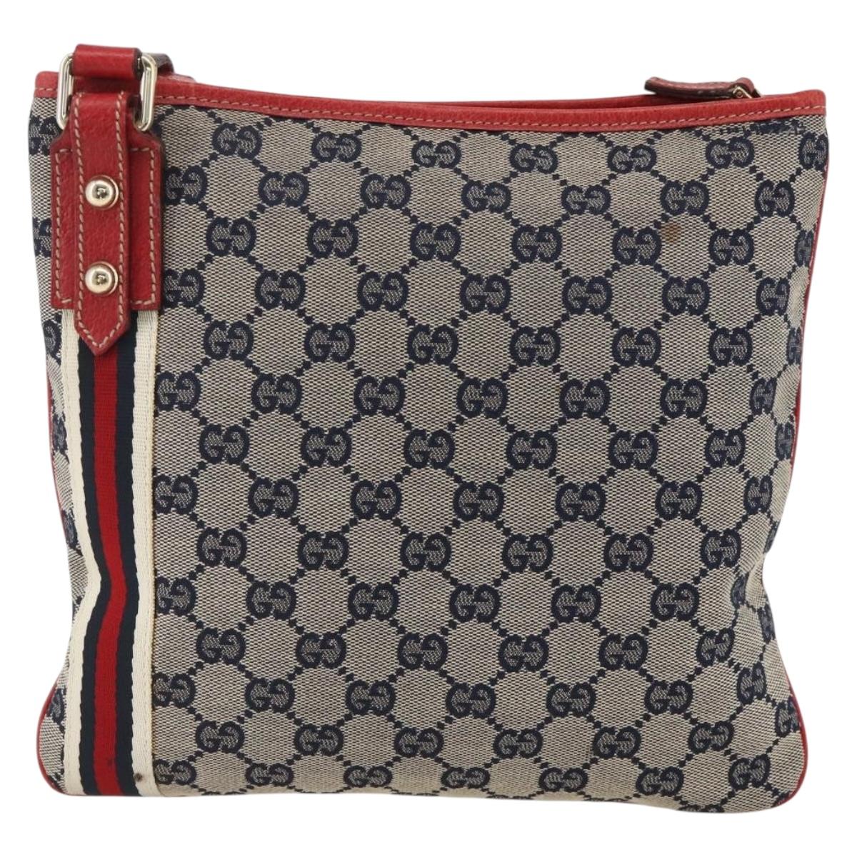 GUCCI GG Canvas Sherry Line Shoulder Bag Navy Gold Red 144388 Auth SW2281A