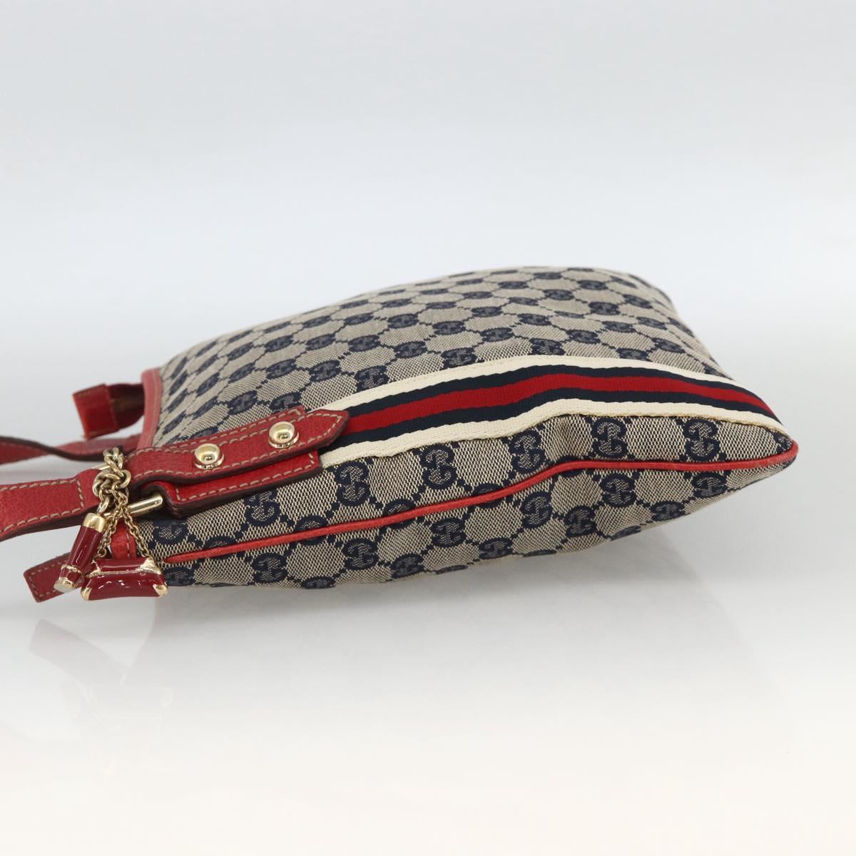 GUCCI GG Canvas Sherry Line Shoulder Bag Navy Gold Red 144388 Auth SW2281A