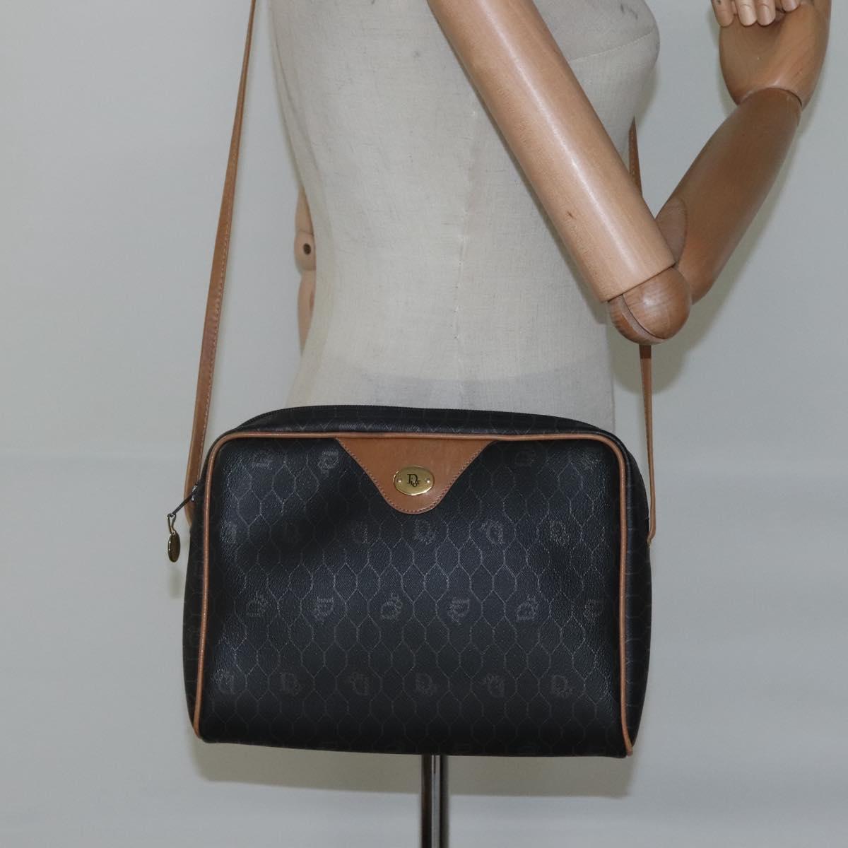 Christian Dior Honeycomb Canvas Shoulder Bag Black Gold Auth sw229