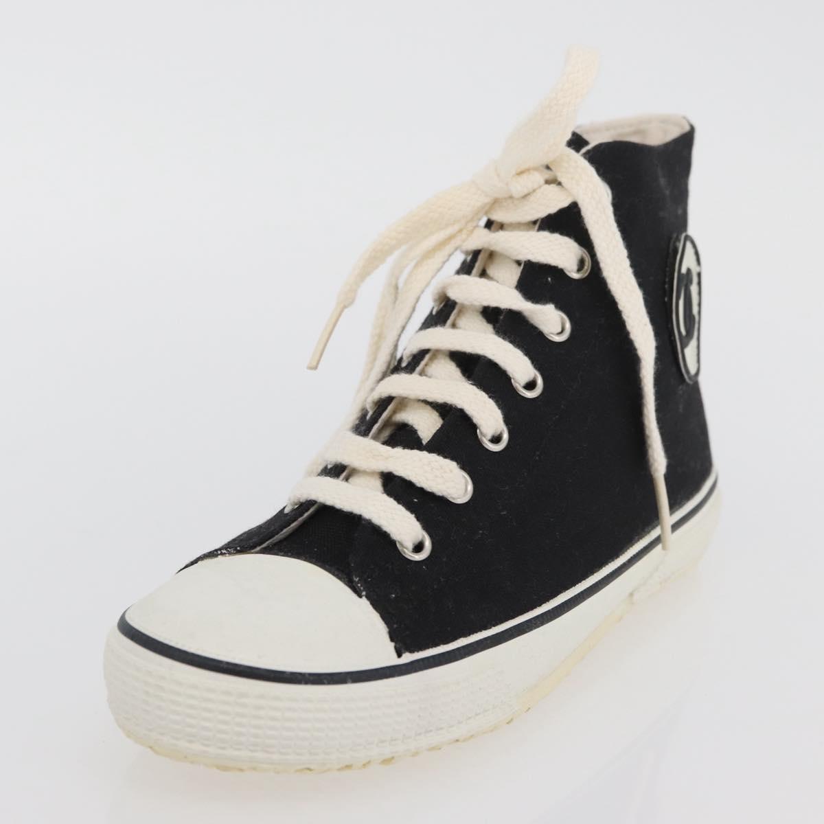 CHANEL High Cut Sneakers Canvas Black White A01852 CC Auth SW2298A