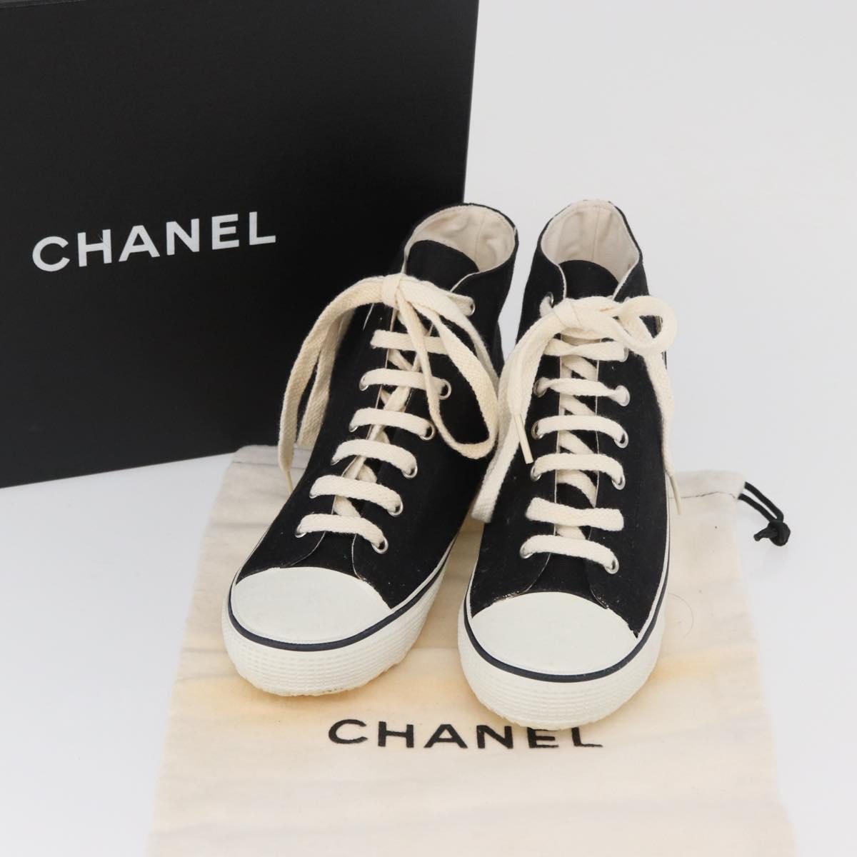 CHANEL High Cut Sneakers Canvas Black White A01852 CC Auth SW2298A