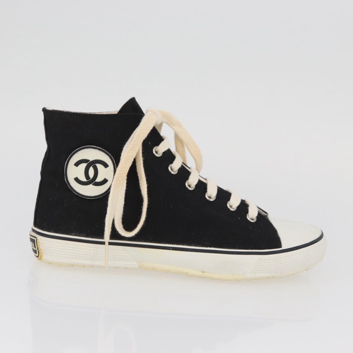 CHANEL High Cut Sneakers Canvas Black White A01852 CC Auth SW2298A