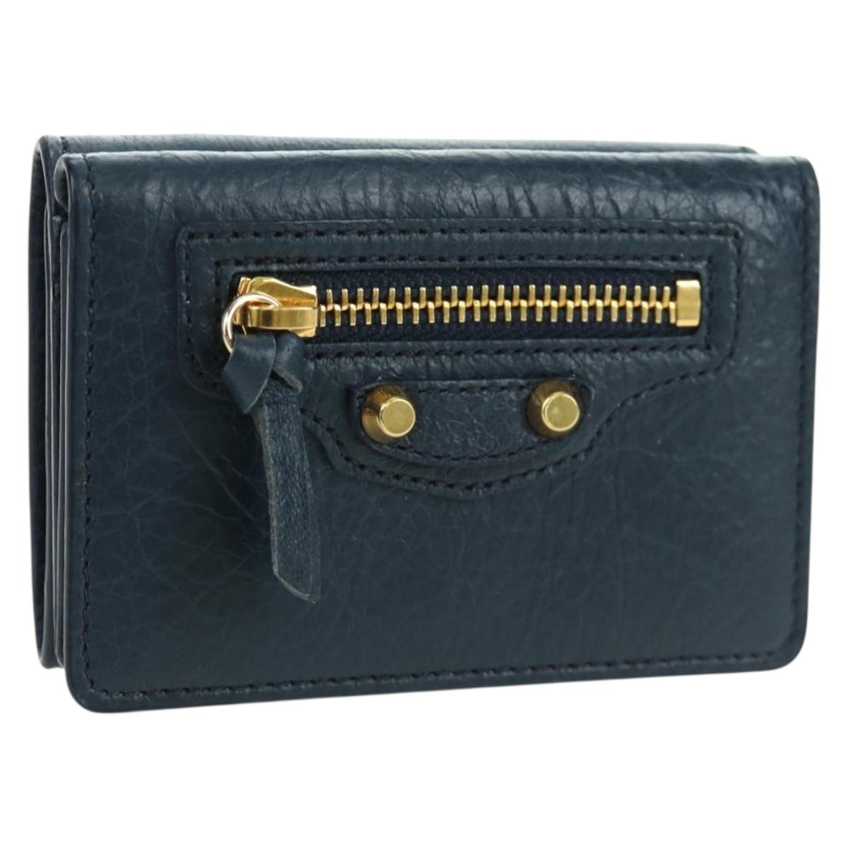 BALENCIAGA Classic Mini Trifold Wallet Lamb Skin Navy Gold 477455 Auth SW2303M
