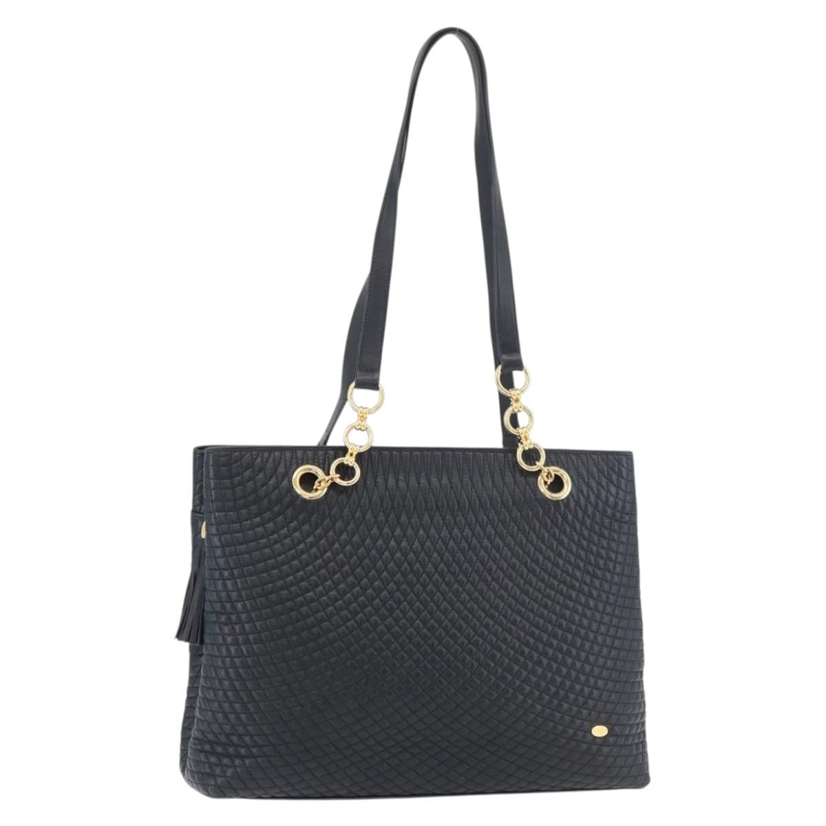 BALLY Quilted Shoulder Bag Leather Navy Gold Auth SW2333A