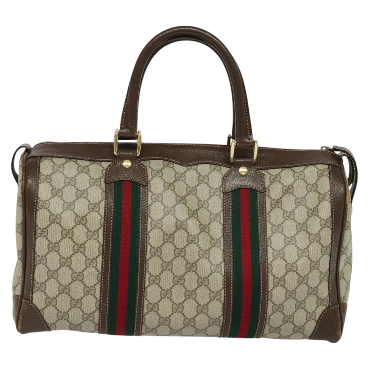 GUCCI GG Supreme Web Sherry Line Hand Bag PVC Beige Gold Red Auth sw234