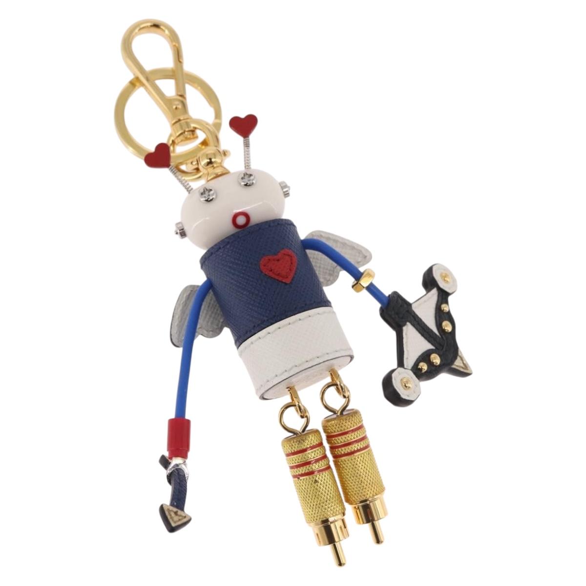 PRADA Robot Key Holder Metal Leather White Navy 2TR034 Auth SW2350V