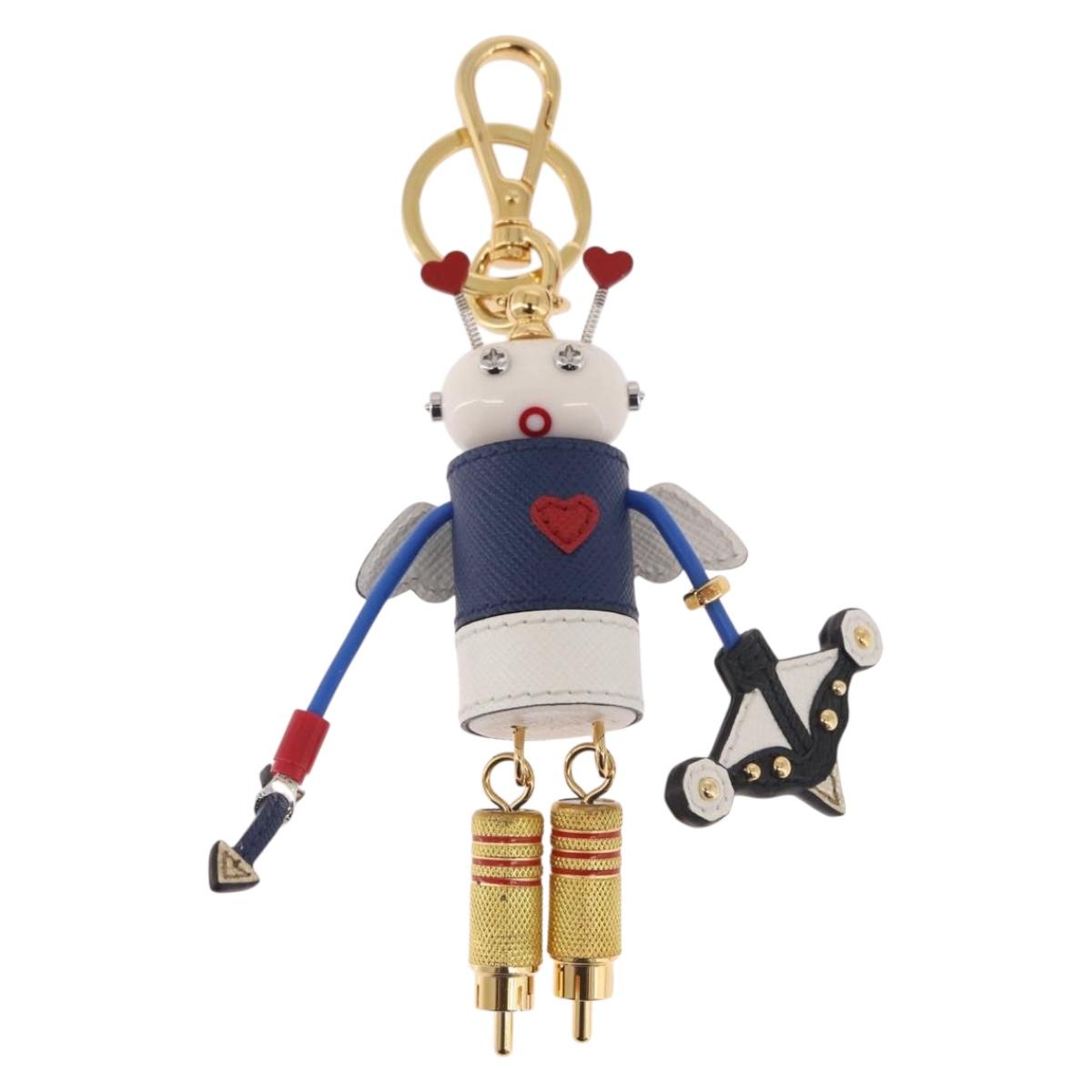 PRADA Robot Key Holder Metal Leather White Navy 2TR034 Auth SW2350V