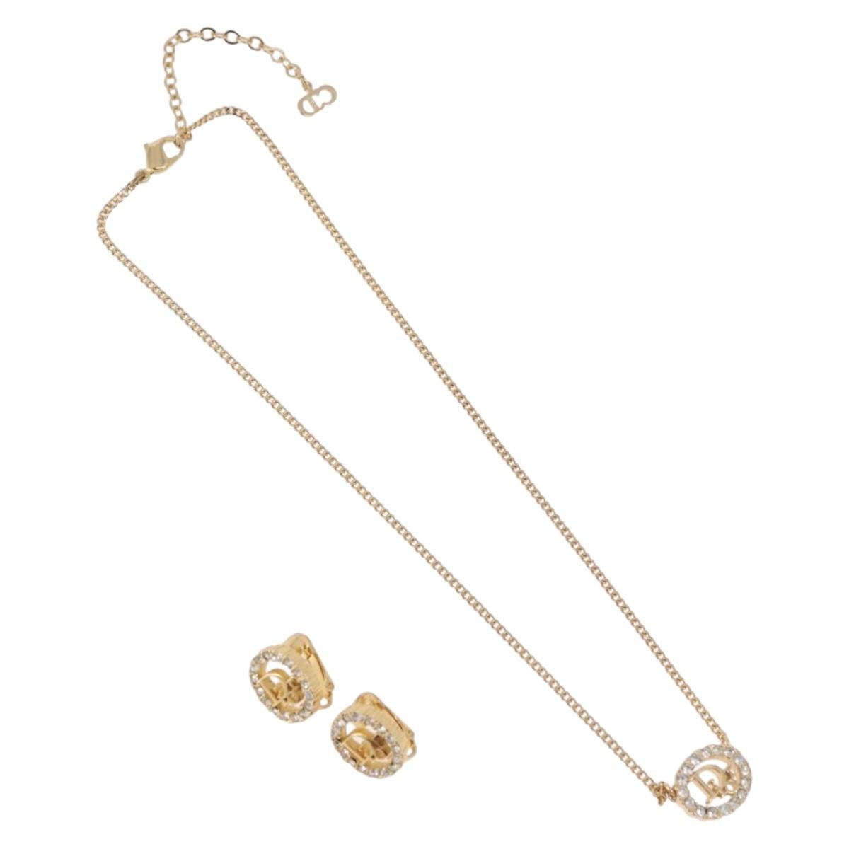 Christian Dior Earring Necklace metal set Gold Tone Auth SW2395V