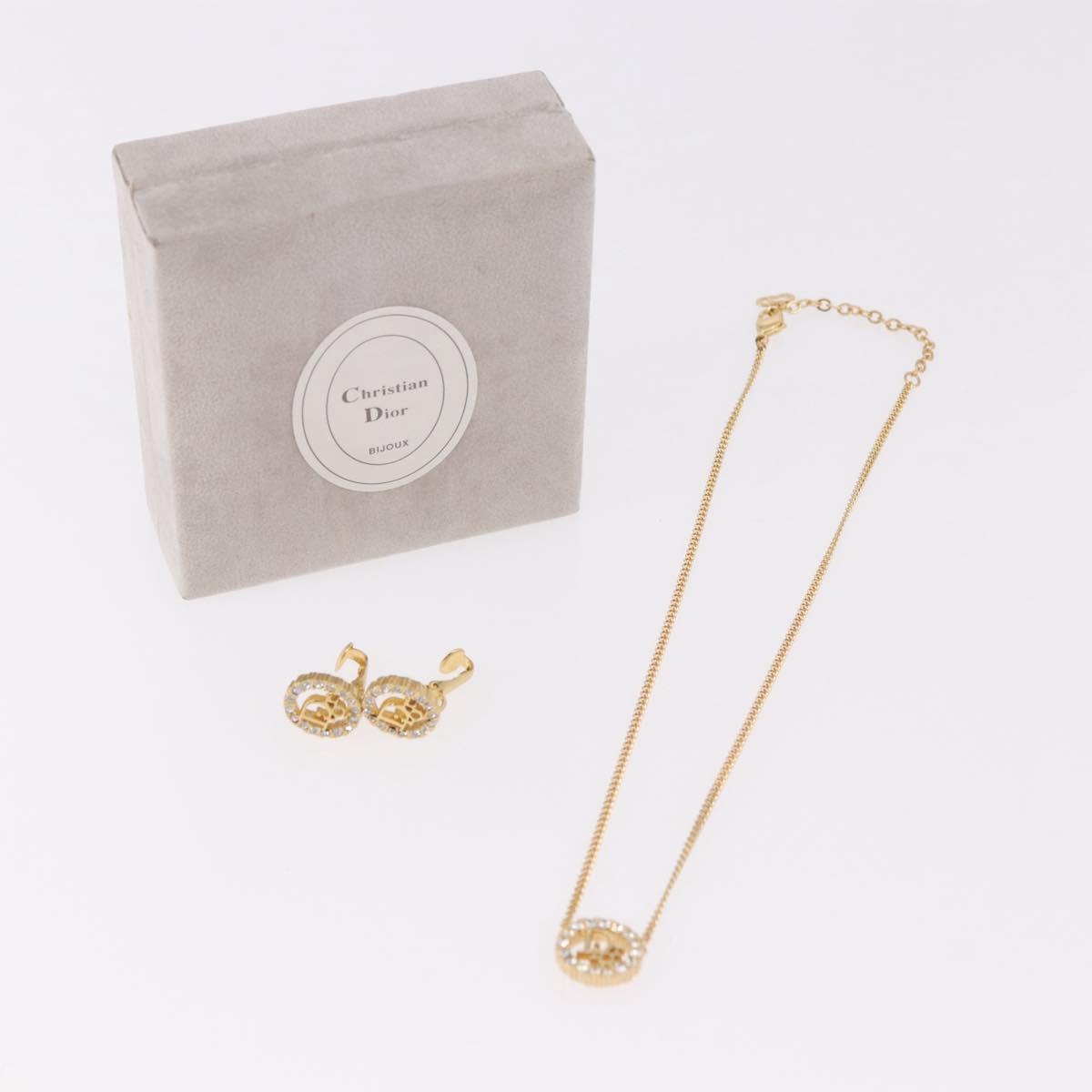 Christian Dior Earring Necklace metal set Gold Tone Auth SW2395V