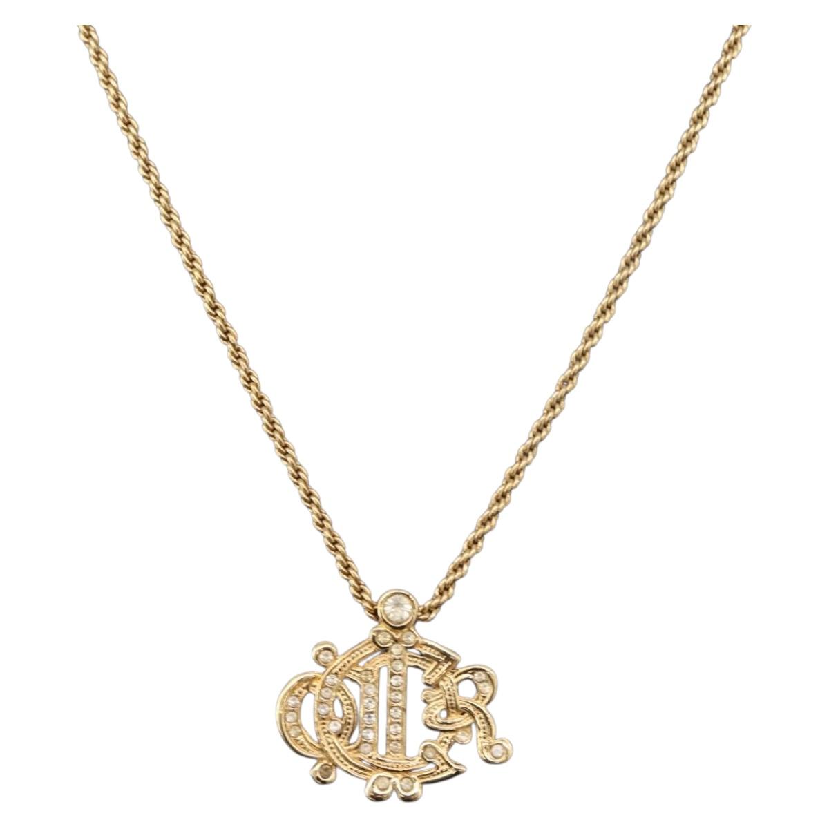 Christian Dior Rhinestone Necklace metal Gold Auth SW2410