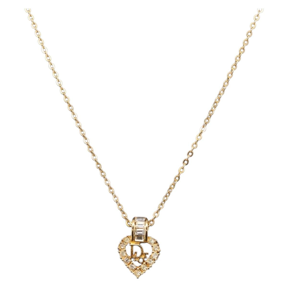 Christian Dior Rhinestone Heart Necklace metal Gold Auth SW2427