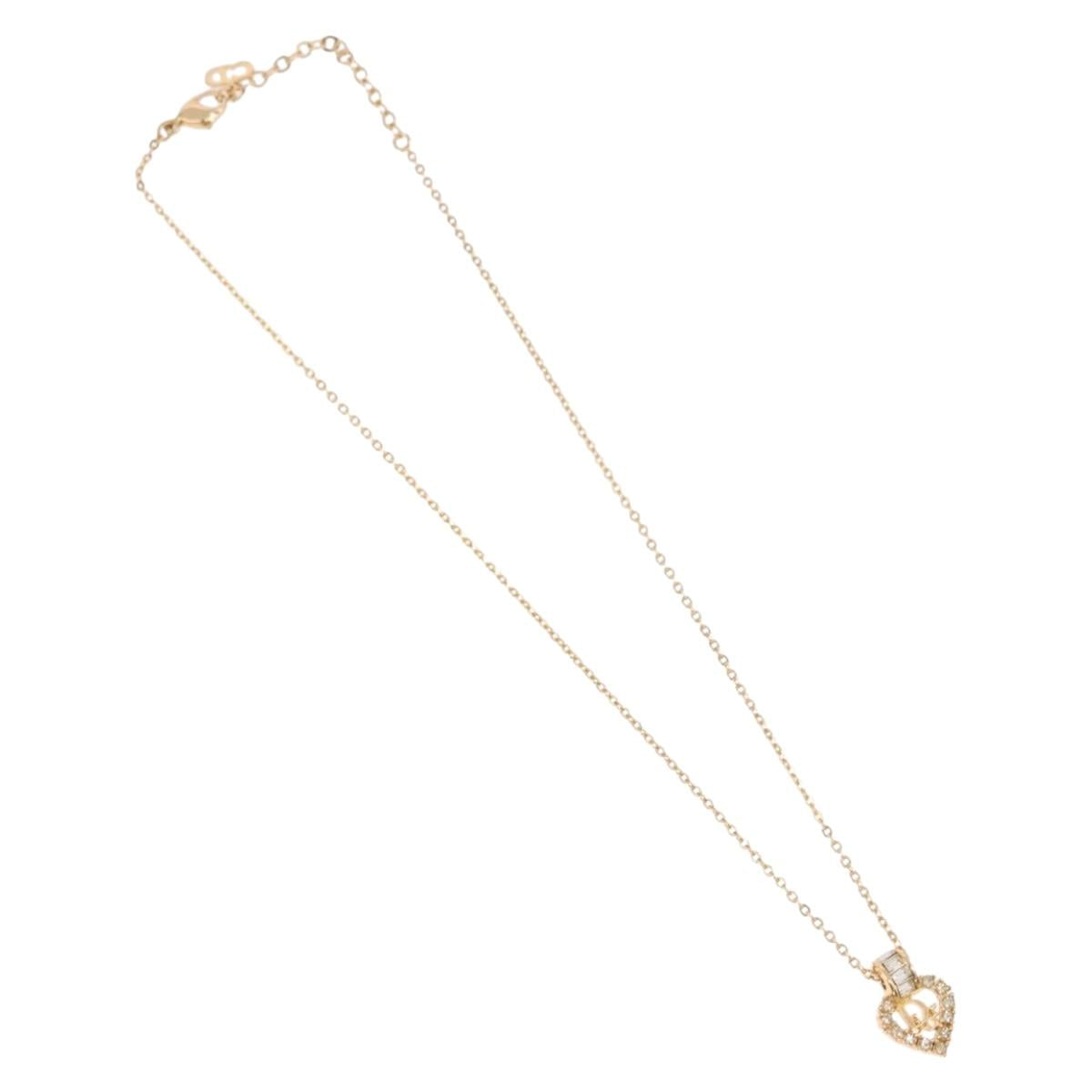 Christian Dior Rhinestone Heart Necklace metal Gold Auth SW2427