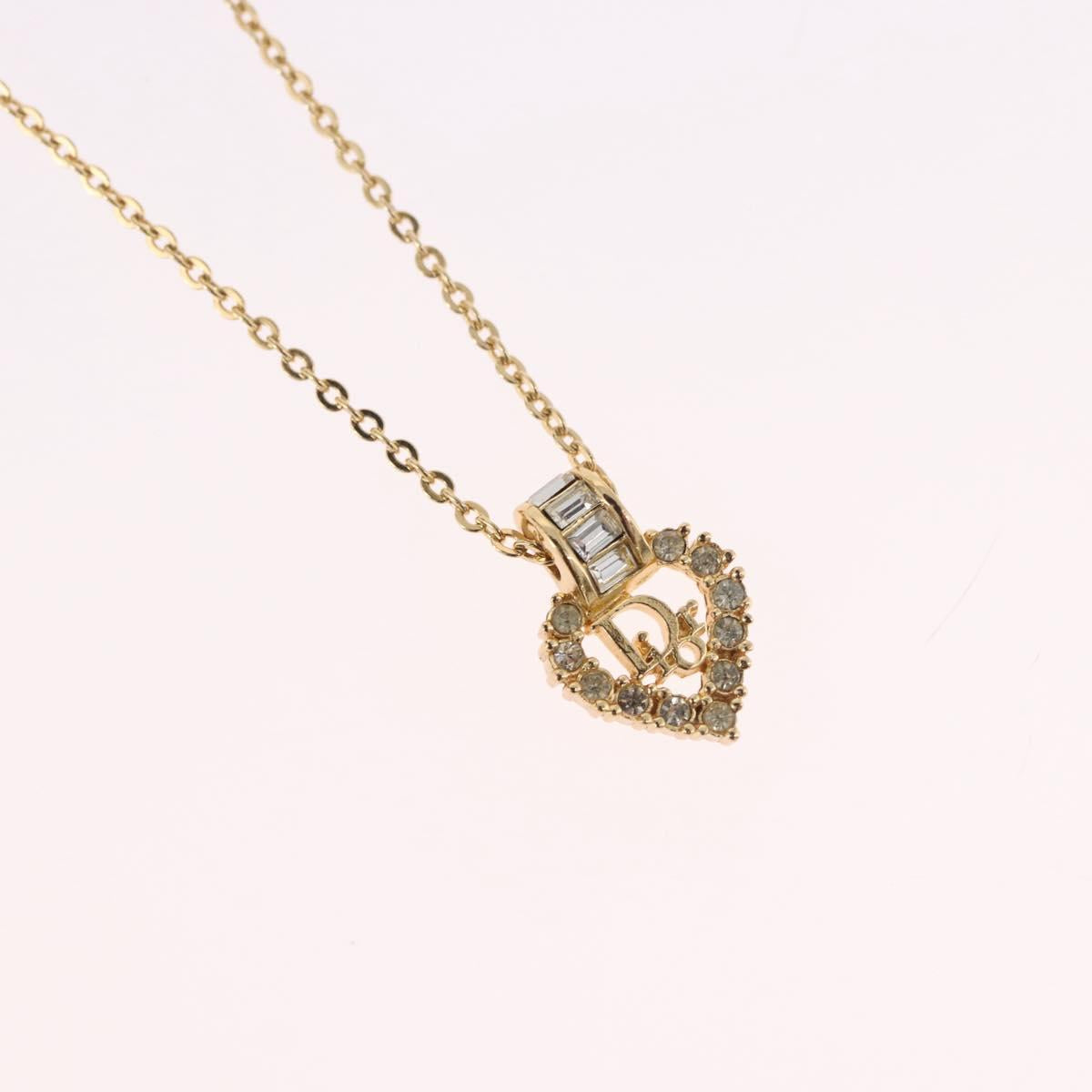 Christian Dior Rhinestone Heart Necklace metal Gold Auth SW2427