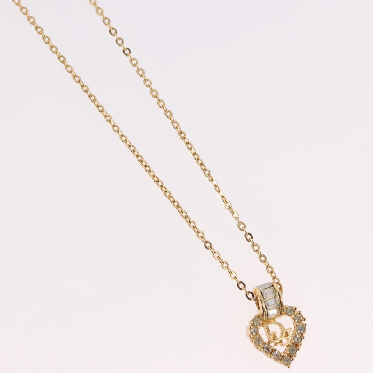 Christian Dior Rhinestone Heart Necklace metal Gold Auth SW2427