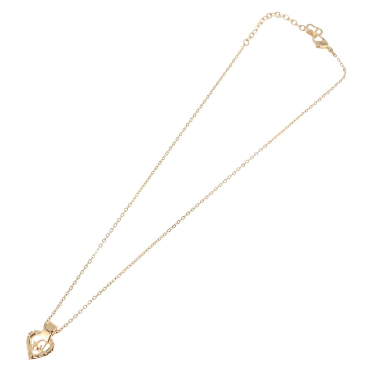 Christian Dior Rhinestone Heart Necklace metal Gold Auth SW2427