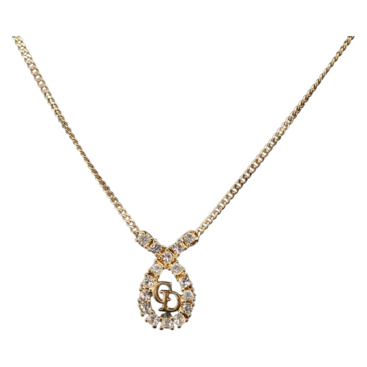 Christian Dior Rhinestone Necklace metal Gold Auth SW2439V