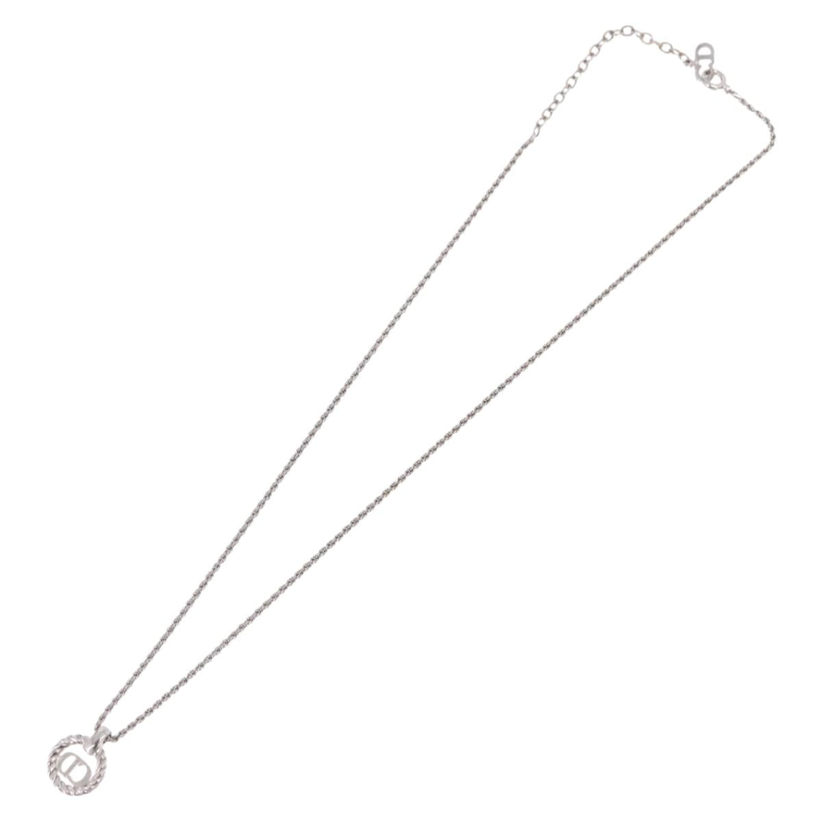 Christian Dior Rope Circle Logo Necklace Metal Silver Auth SW2521