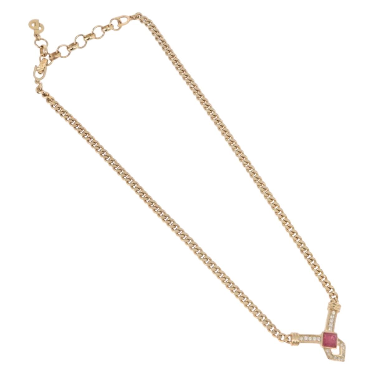 Christian Dior Colored Stone Necklace Metal Gold Tone Auth SW2532