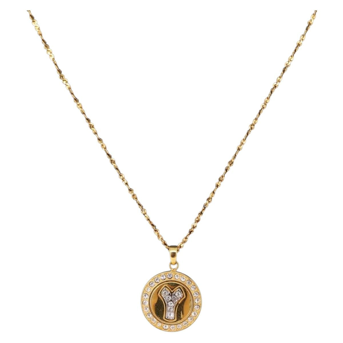 SAINT LAURENT Initials Cointop Necklace Metal Gold Tone Auth SW2536