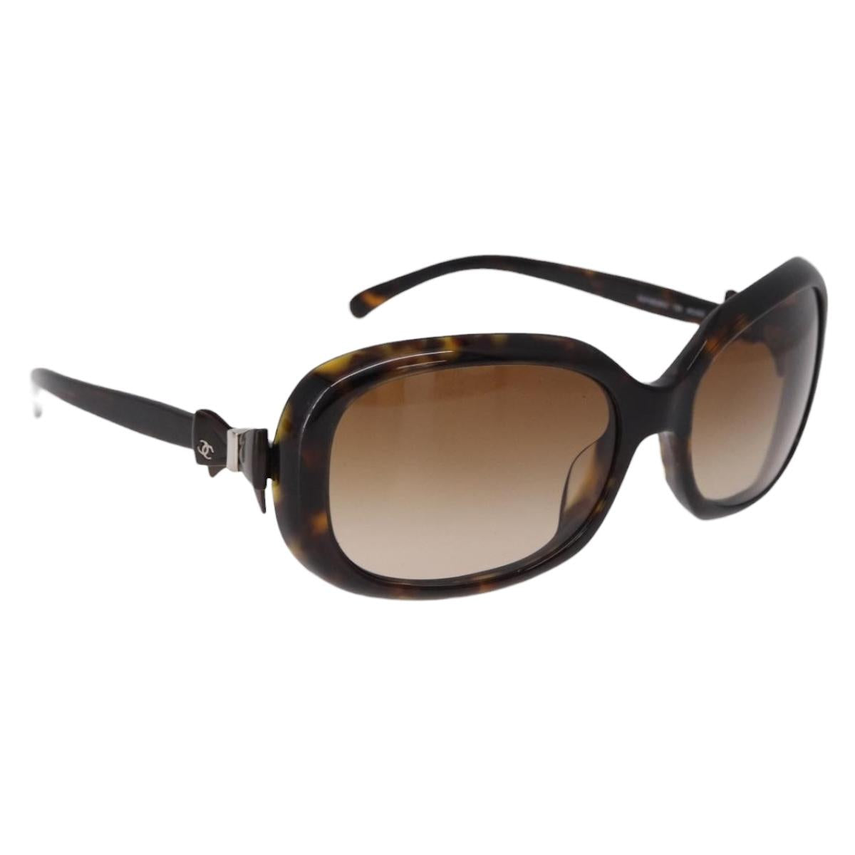 CHANEL Ribbon COCO Mark Sunglasses Plastic Brown Silver CC Auth SW2590