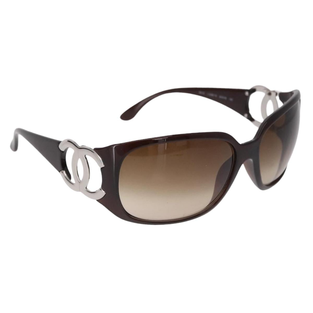 CHANEL COCO Mark Sunglasses Plastic Brown Silver CC Auth SW2592V