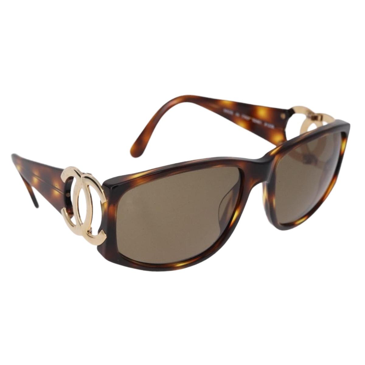 CHANEL COCO Mark Sunglasses Plastic Brown Gold CC Auth SW2596