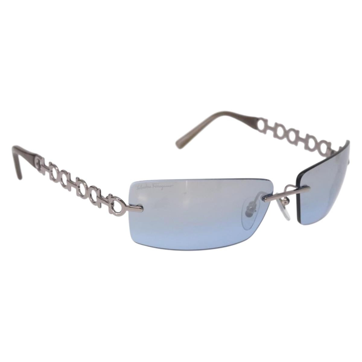 Salvatore Ferragamo Gancini Sunglasses Metal Light Blue Silver Auth SW2602V