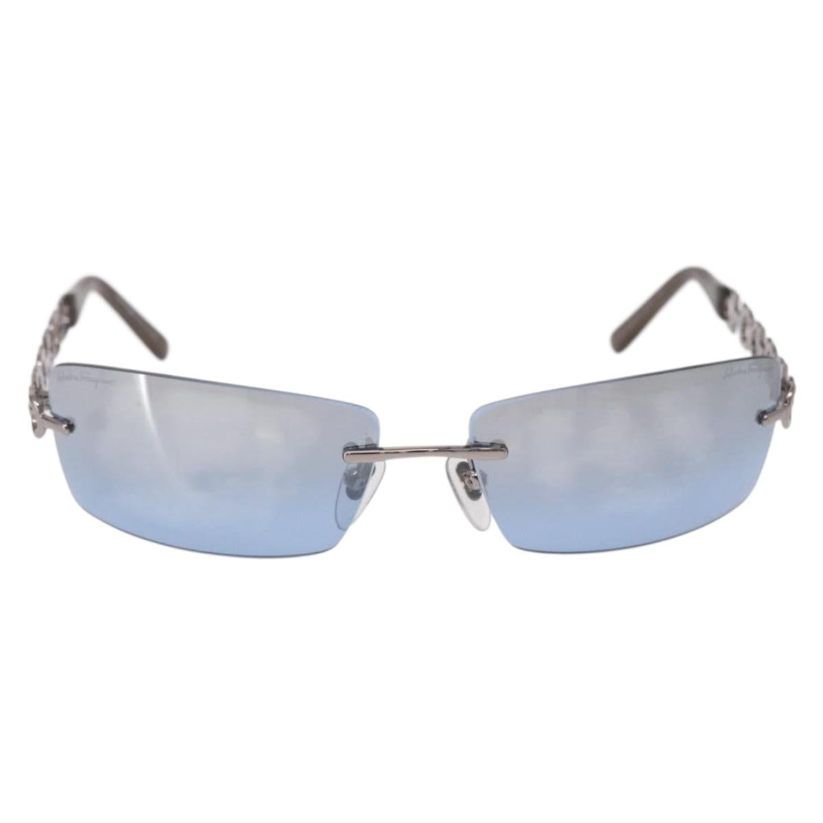 Salvatore Ferragamo Gancini Sunglasses Metal Light Blue Silver Auth SW2602V