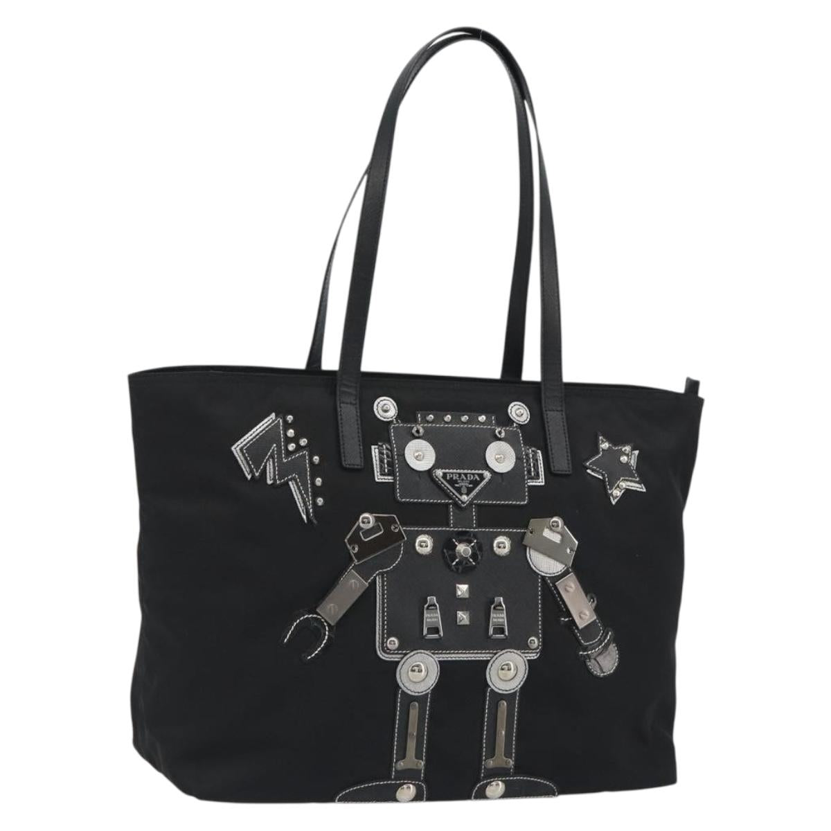 PRADA Robot Tote Bag Nylon Black Silver Auth SW2635M