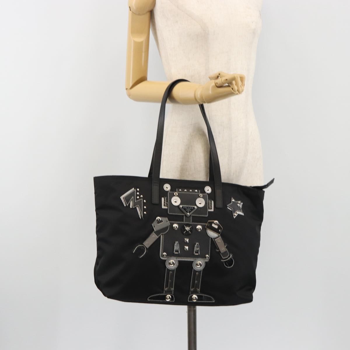 PRADA Robot Tote Bag Nylon Black Silver Auth SW2635M