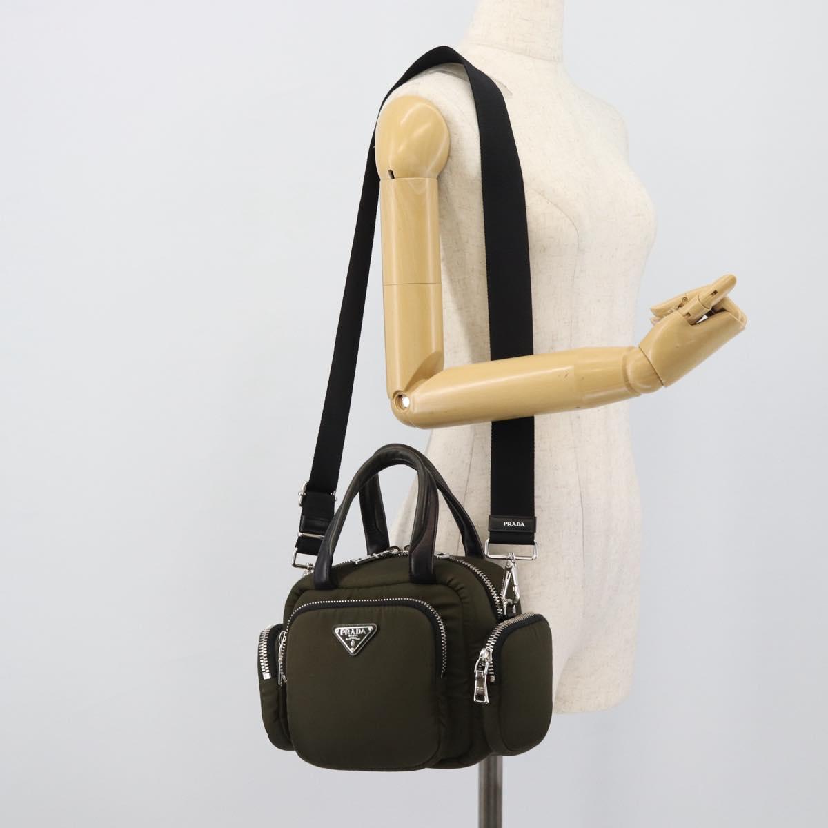 PRADA Hand Bag Nylon 2way Khaki Silver Auth SW2636SAM