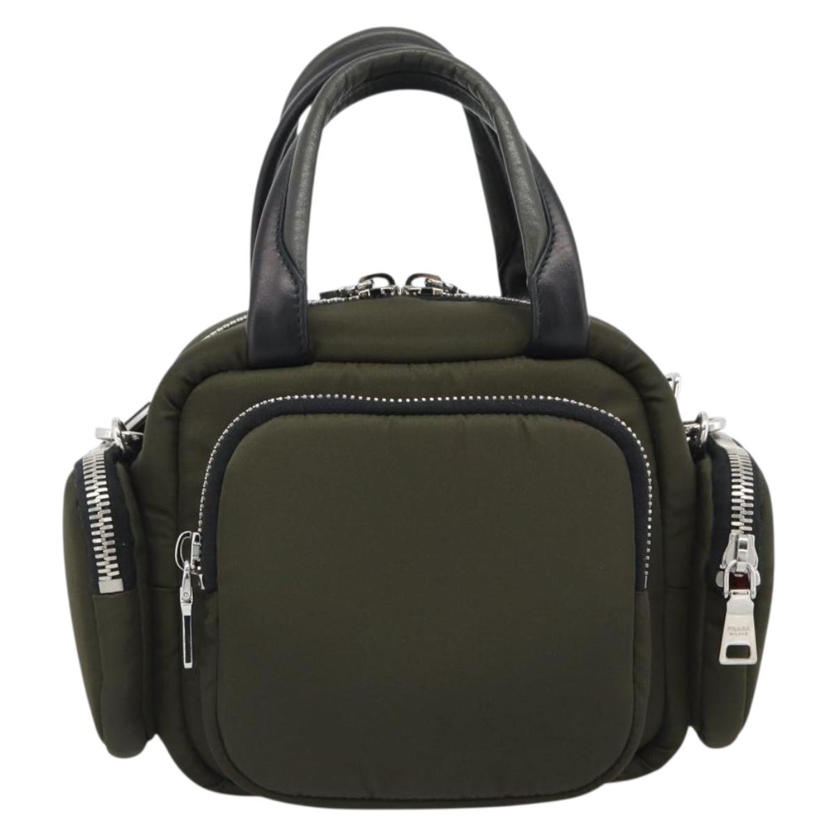 PRADA Hand Bag Nylon 2way Khaki Silver Auth SW2636SAM