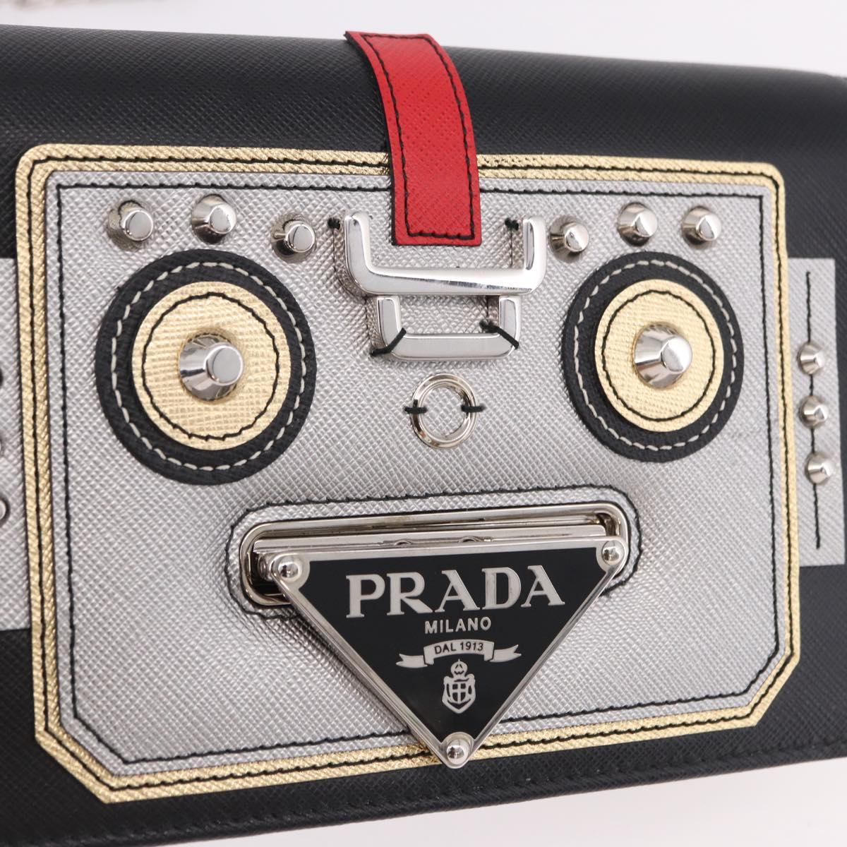 PRADA Robot Chain Shoulder Bag Saffiano Black Silver Auth SW2638SM
